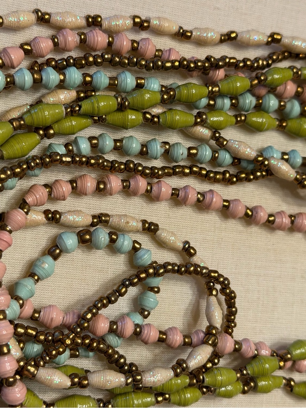 Paper Bead Multi Strand Necklace Blue,Pink, Green,WhiteSparkle Antique Gold Bead - Picture 3 of 6